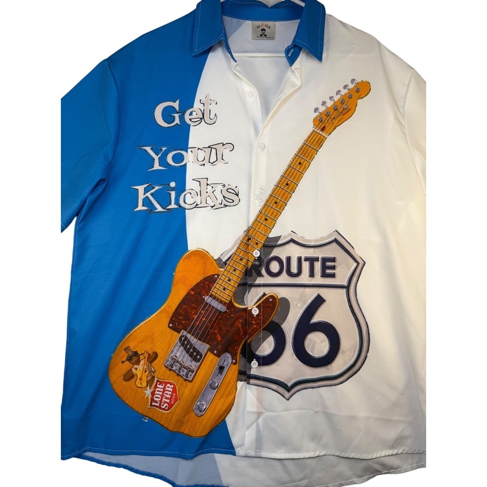 Aloha Get Your Kicks Route 66 Guitar Button Up Shirt Mens Large Blue White Retro